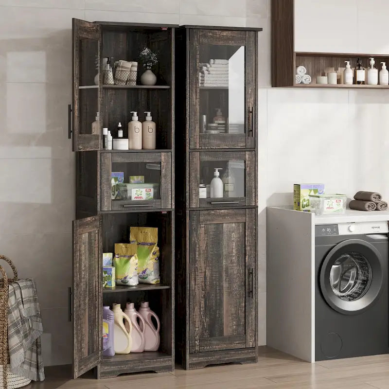 Armoire de salle de bain haute, armoire de rangement étroite avec portes et étagère réglable