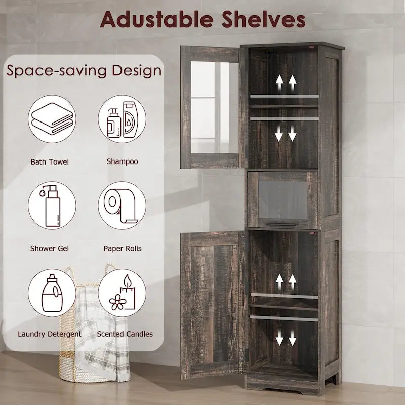 Armoire de salle de bain haute, armoire de rangement étroite avec portes et étagère réglable