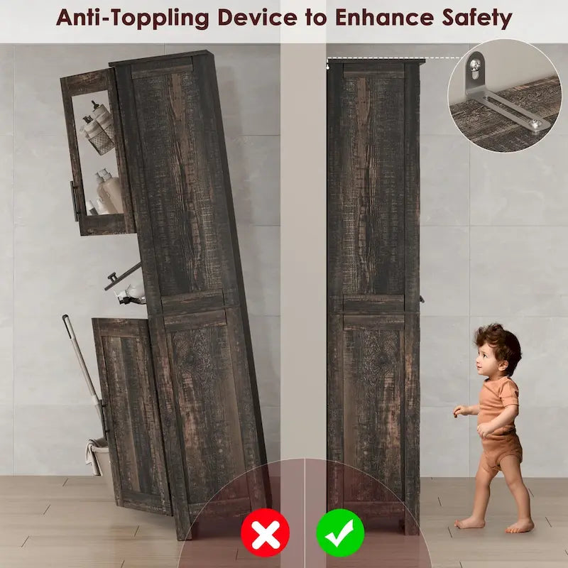 Armoire de salle de bain haute, armoire de rangement étroite avec portes et étagère réglable