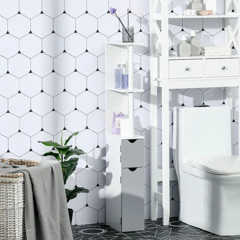 Armoire de rangement haute pour salle de bain Kleankin avec 2 étagères ouvertes et 2 portes, colonne à linge autoportante