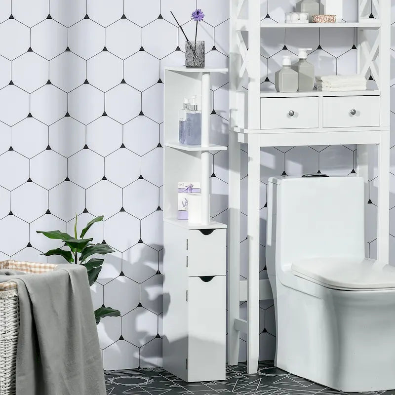 Armoire de rangement haute pour salle de bain Kleankin avec 2 étagères ouvertes et 2 portes, colonne à linge autoportante