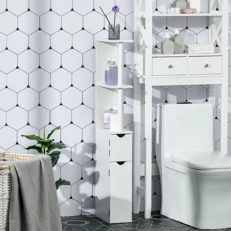 Armoire de rangement haute pour salle de bain Kleankin avec 2 étagères ouvertes et 2 portes, colonne à linge autoportante