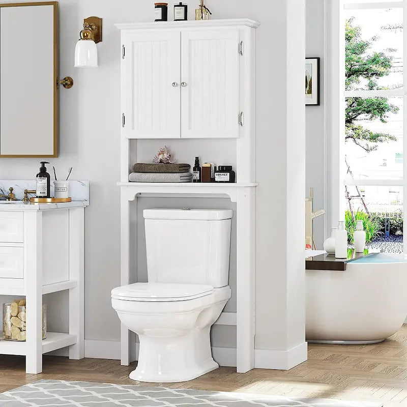 UTEX Rangement de salle de bain au-dessus des toilettes, meuble de rangement avec étagères réglables et double porte
