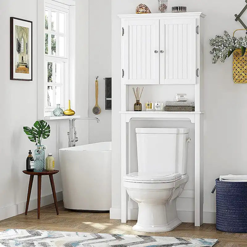 UTEX Rangement de salle de bain au-dessus des toilettes, meuble de rangement avec étagères réglables et double porte
