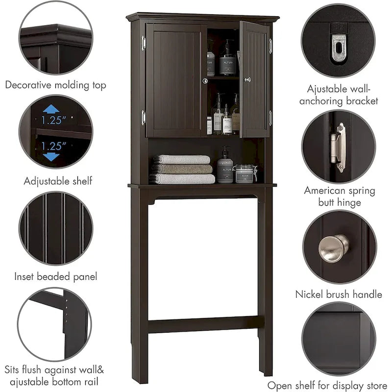 UTEX Rangement de salle de bain au-dessus des toilettes, meuble de rangement avec étagères réglables et double porte