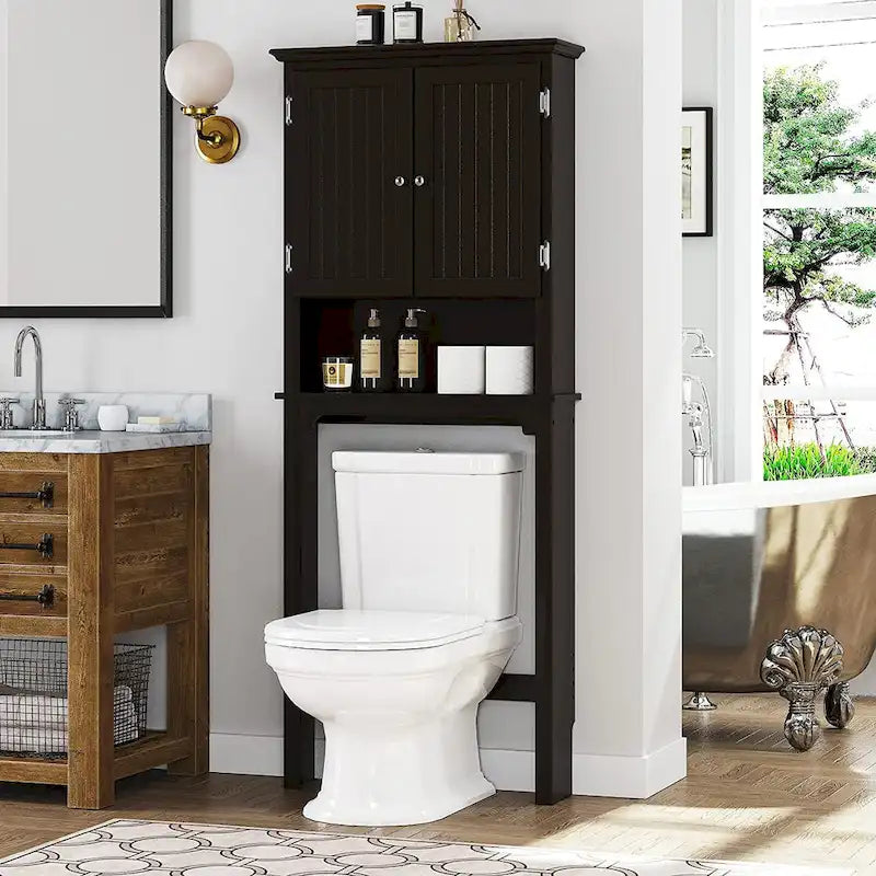 UTEX Rangement de salle de bain au-dessus des toilettes, meuble de rangement avec étagères réglables et double porte