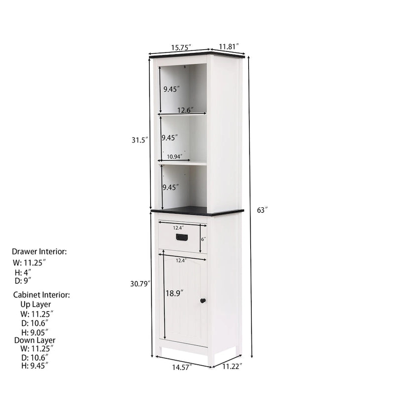 Colonne de rangement pour salle de bain en bois blanc et noir - 63 cm (H) x 15,75 cm (L) x 11,81 cm (P)