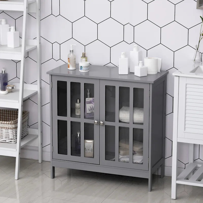 Buffet/meuble de rangement Kleankin avec 2 portes transparentes, gris, idéal pour la cuisine ou l'entrée.