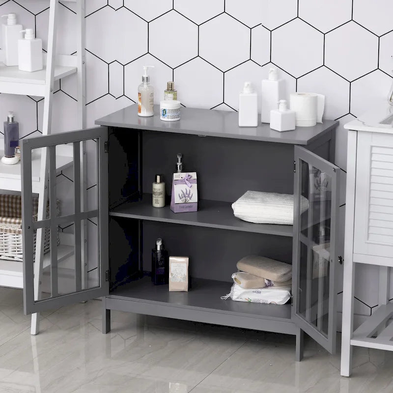 Buffet/meuble de rangement Kleankin avec 2 portes transparentes, gris, idéal pour la cuisine ou l'entrée.