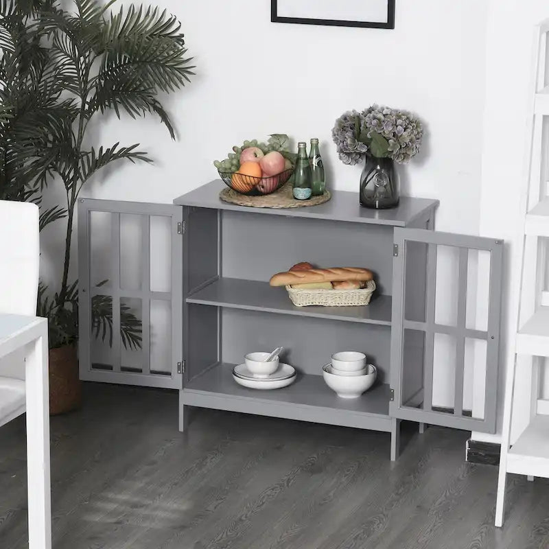 Buffet/meuble de rangement Kleankin avec 2 portes transparentes, gris, idéal pour la cuisine ou l'entrée.
