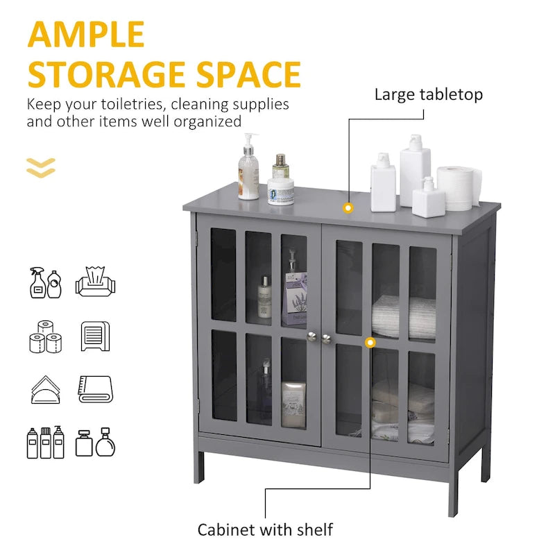 Buffet/meuble de rangement Kleankin avec 2 portes transparentes, gris, idéal pour la cuisine ou l'entrée.