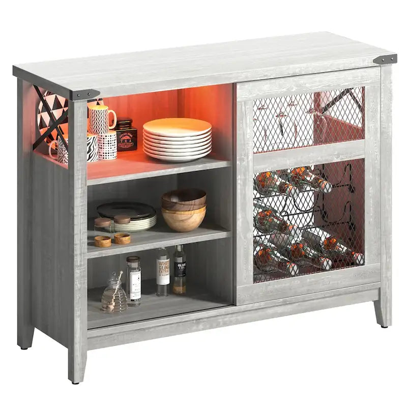 Meuble bar à vin avec porte coulissante de rangement et éclairage LED - 42 pouces