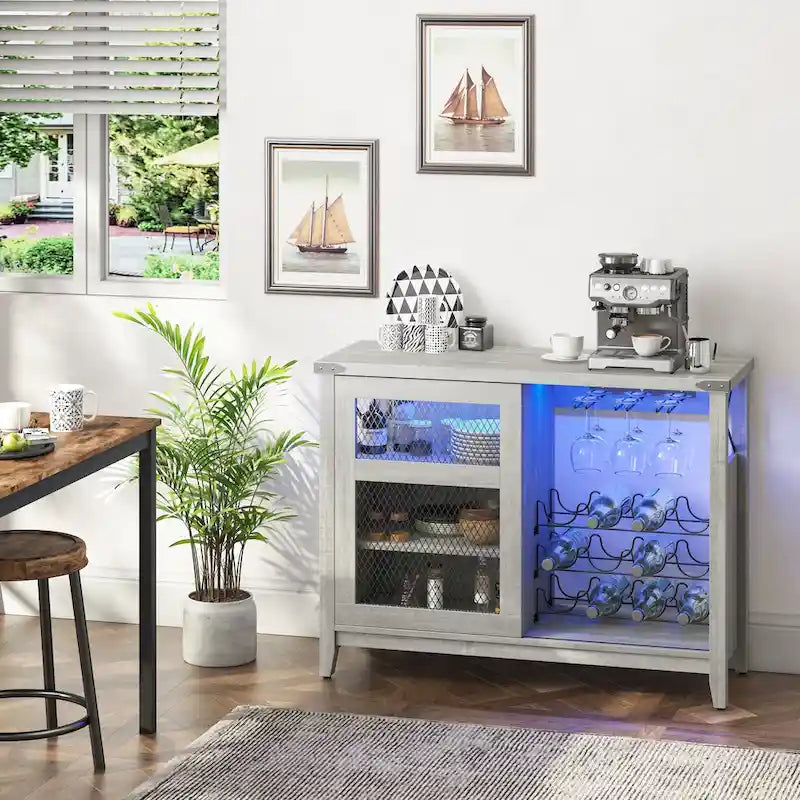 Wine Bar Cabinet with Storage Sliding Door & LED Lights - 42 inch