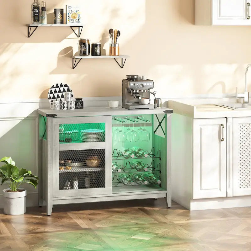 Meuble bar à vin avec porte coulissante de rangement et éclairage LED - 42 pouces