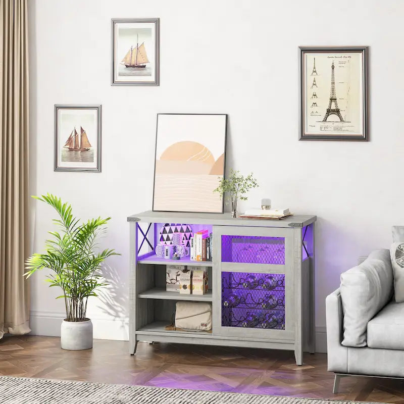 Meuble bar à vin avec porte coulissante de rangement et éclairage LED - 42 pouces