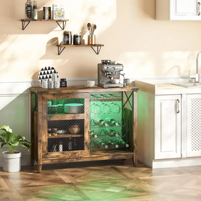 Meuble bar à vin avec porte coulissante de rangement et éclairage LED - 42 pouces