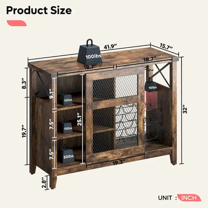 Meuble bar à vin avec porte coulissante de rangement et éclairage LED - 42 pouces