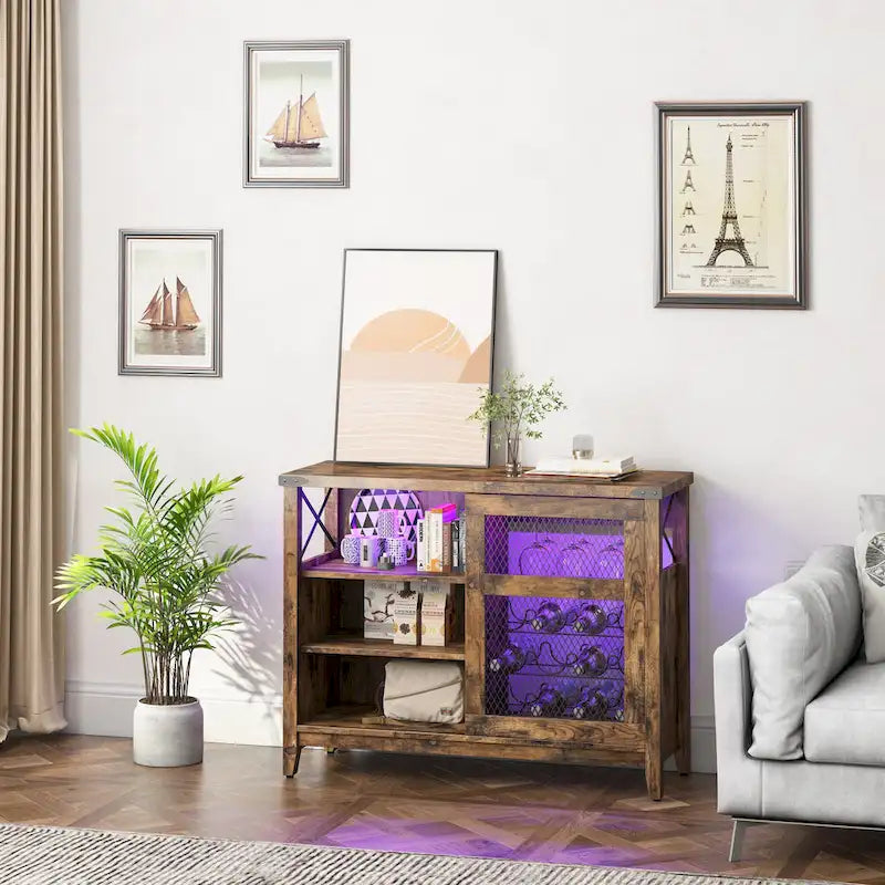 Meuble bar à vin avec porte coulissante de rangement et éclairage LED - 42 pouces