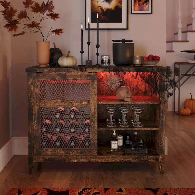 Meuble bar à vin avec porte coulissante de rangement et éclairage LED - 42 pouces