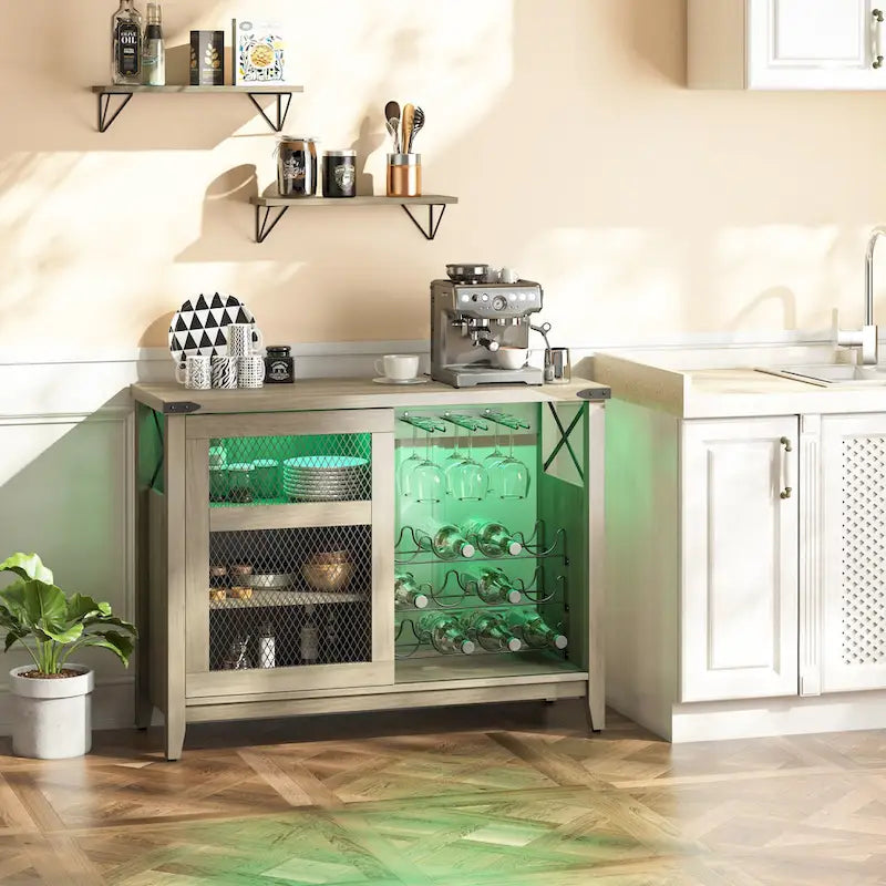 Meuble bar à vin avec porte coulissante de rangement et éclairage LED - 42 pouces