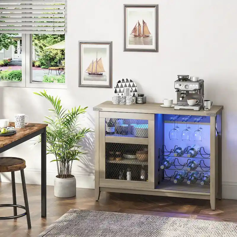 Meuble bar à vin avec porte coulissante de rangement et éclairage LED - 42 pouces