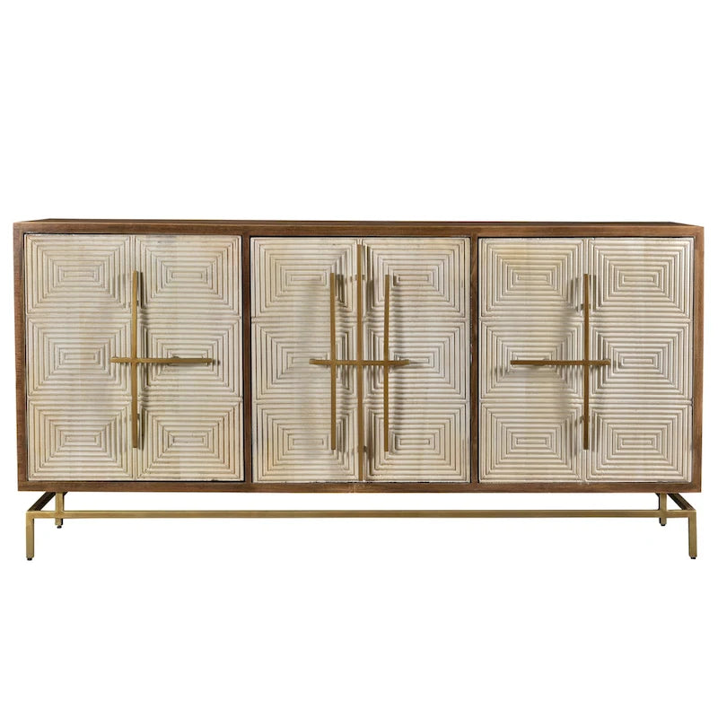 Buffet 3 portes Allura en bois de manguier blanc et naturel avec quincaillerie dorée - 175 cm (L) x 41 cm (P) x 86 cm (H)