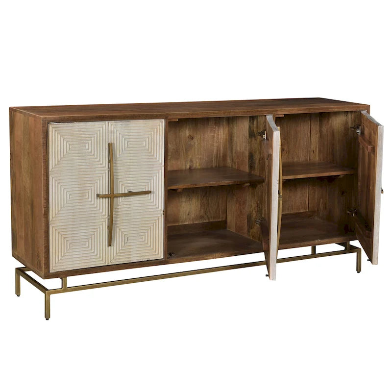 Buffet 3 portes Allura en bois de manguier blanc et naturel avec quincaillerie dorée - 175 cm (L) x 41 cm (P) x 86 cm (H)
