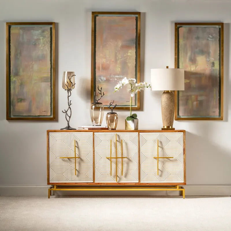 Buffet 3 portes Allura en bois de manguier blanc et naturel avec quincaillerie dorée - 175 cm (L) x 41 cm (P) x 86 cm (H)