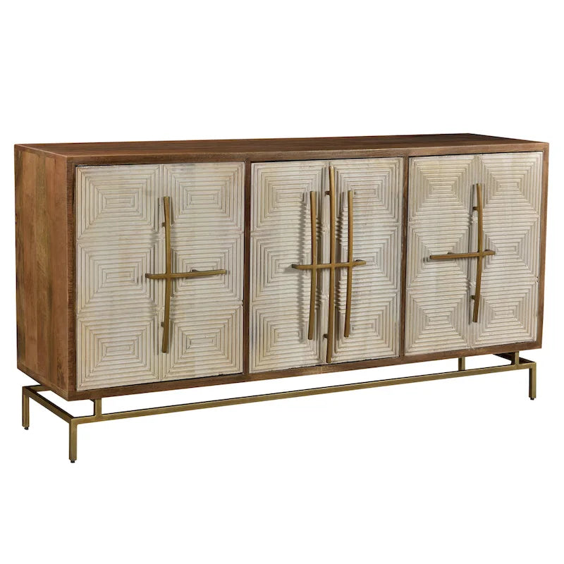 Buffet 3 portes Allura en bois de manguier blanc et naturel avec quincaillerie dorée - 175 cm (L) x 41 cm (P) x 86 cm (H)