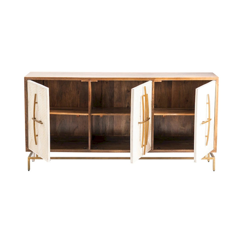 Buffet 3 portes Allura en bois de manguier blanc et naturel avec quincaillerie dorée - 175 cm (L) x 41 cm (P) x 86 cm (H)