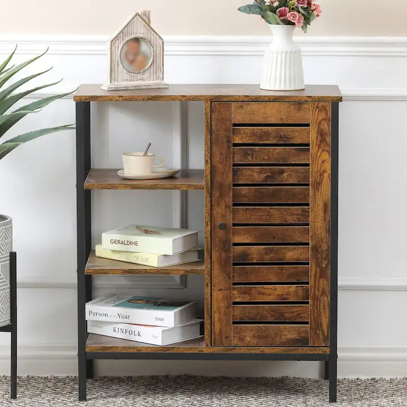 Walnut Finish Manufactured Wood 3-Shelf and 1-Door Storage Cabinet