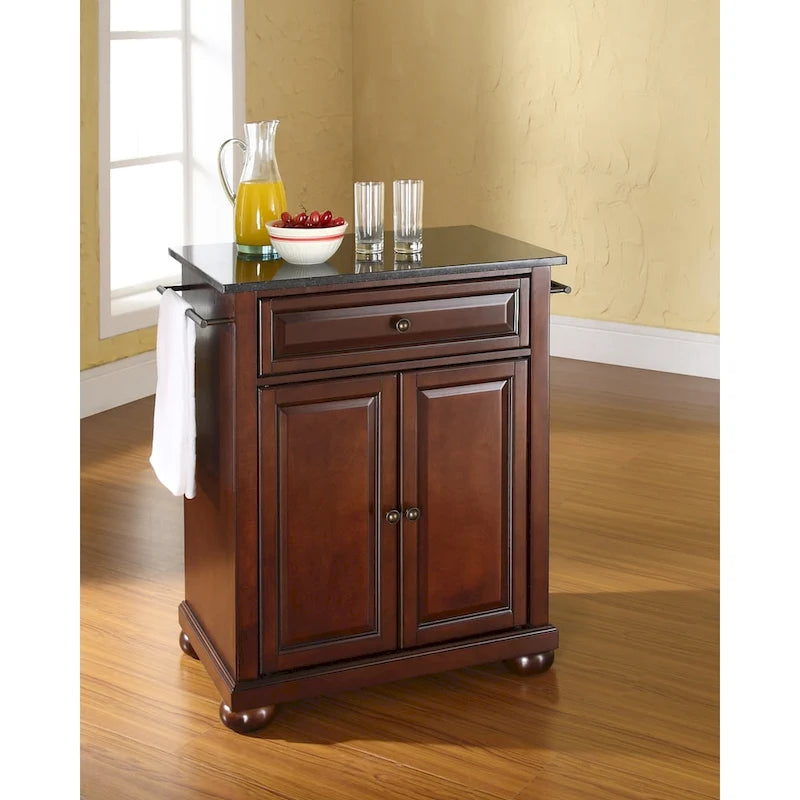 Îlot de cuisine mobile Crosley Alexandria, plateau en granit noir massif, finition acajou vieilli - 45,7 cm (P) x 78,7 cm (L) x 85,1 cm (H)