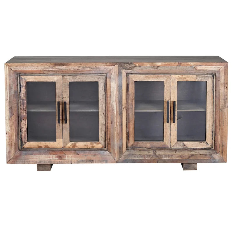 Harp & Finial Hughes 4 Door Natural Reclaimed Wood With Plain Glass Sideboard