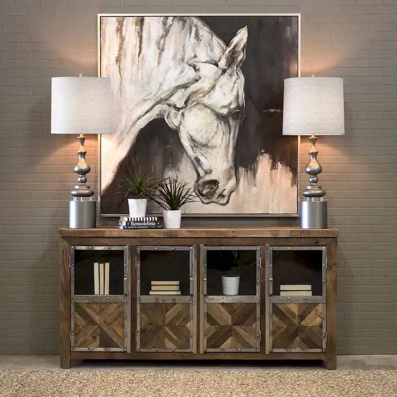 Buffet à quatre portes Harp &amp; Finial Ayers en bois de traverses de chemin de fer recyclées et verre transparent