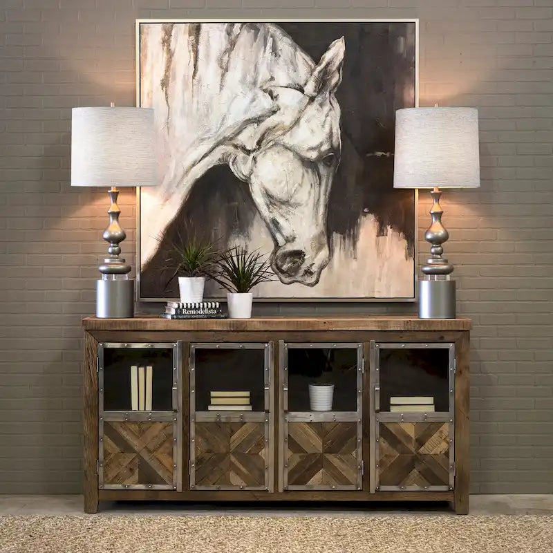 Buffet à quatre portes Harp &amp; Finial Ayers en bois de traverses de chemin de fer recyclées et verre transparent