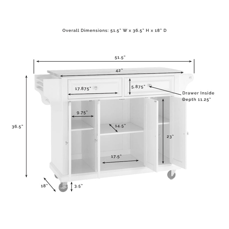 Chariot de cuisine Crosley, plateau en granit, dimensions standard : 45,7 cm (P) x 131,1 cm (L) x 91,4 cm (H)