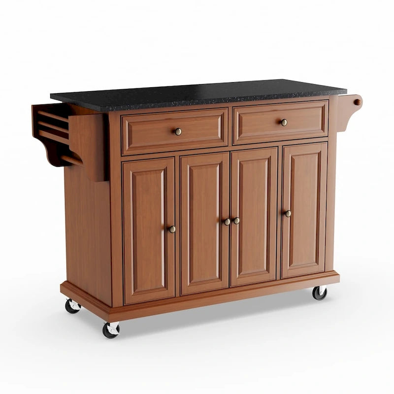 Chariot de cuisine Crosley, grand format, plateau en granit noir massif, finition cerisier classique - 45,7 cm (P) x 131 cm (L) x 91,4 cm (H)