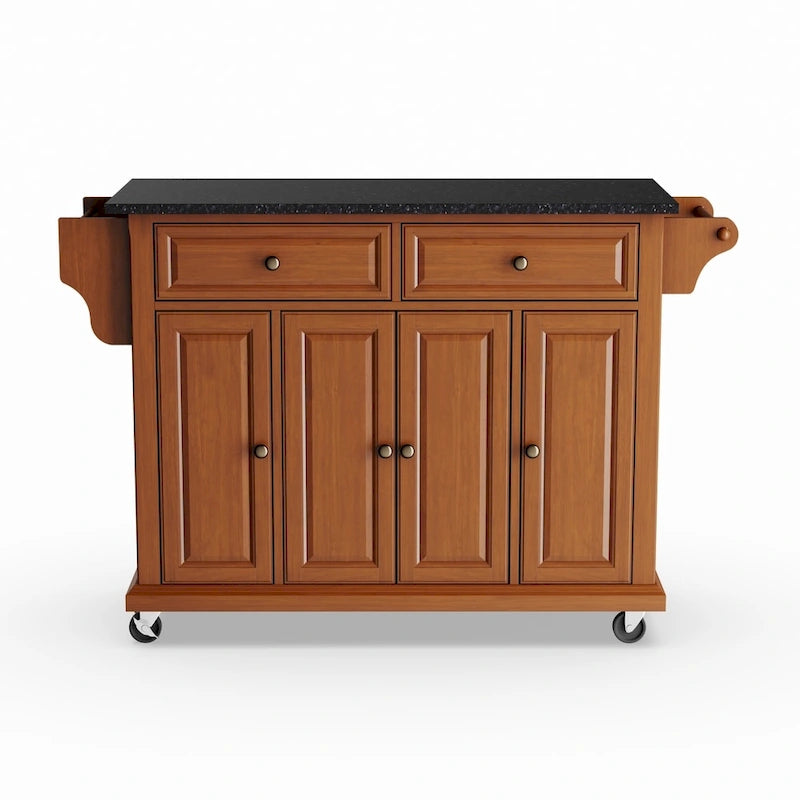 Chariot de cuisine Crosley, grand format, plateau en granit noir massif, finition cerisier classique - 45,7 cm (P) x 131 cm (L) x 91,4 cm (H)