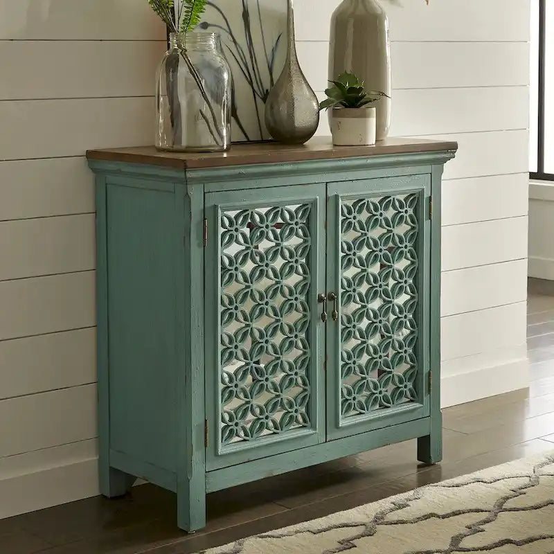 Meuble d'appoint Kensington Turquoise avec dessus en bois vieilli, 2 portes