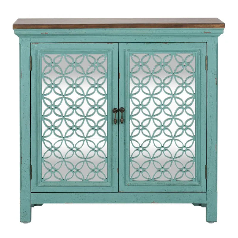 Meuble d'appoint Kensington Turquoise avec dessus en bois vieilli, 2 portes