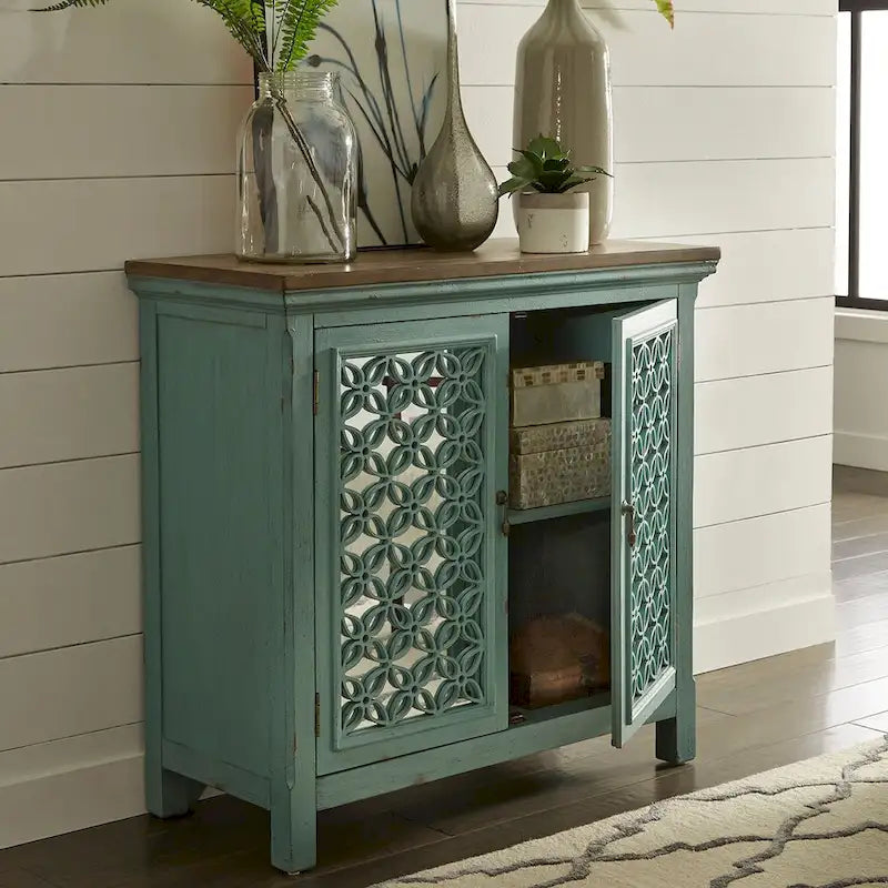 Meuble d'appoint Kensington Turquoise avec dessus en bois vieilli, 2 portes