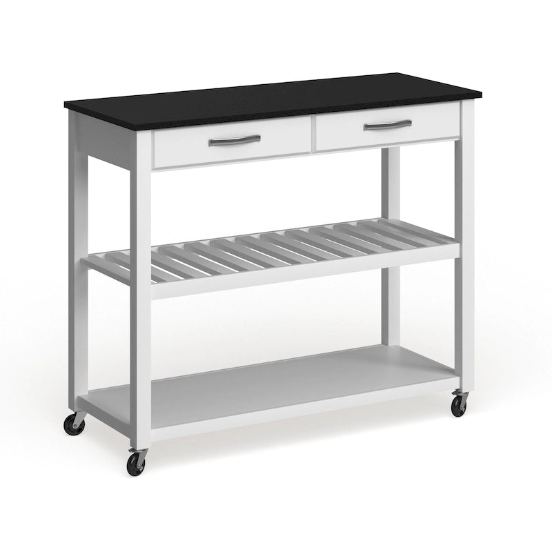 Îlot/chariot de cuisine Crosley avec plateau en granit noir massif et rangement pour tabouret en option, finition blanche - 17 po (P) x 43 po (L) x 35 po (H)