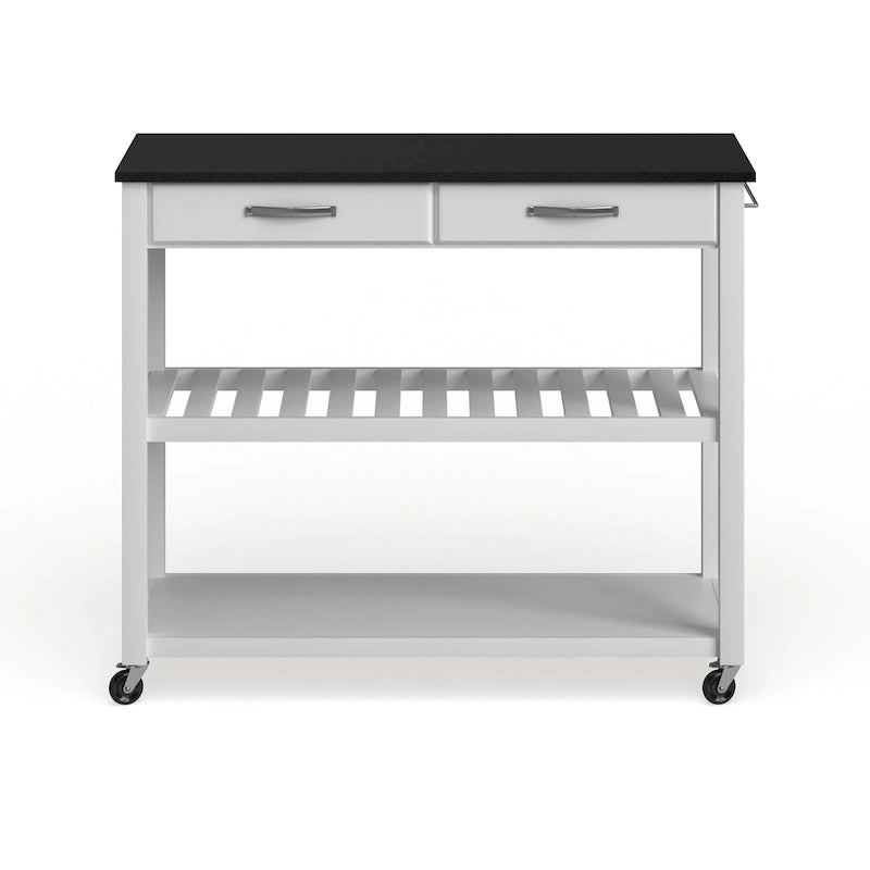 Îlot/chariot de cuisine Crosley avec plateau en granit noir massif et rangement pour tabouret en option, finition blanche - 17 po (P) x 43 po (L) x 35 po (H)