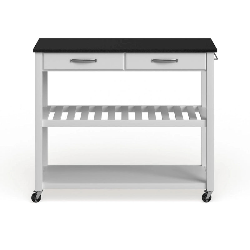 Îlot/chariot de cuisine Crosley avec plateau en granit noir massif et rangement pour tabouret en option, finition blanche - 17 po (P) x 43 po (L) x 35 po (H)