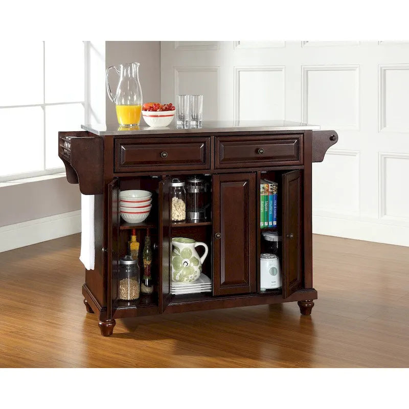 Îlot de cuisine Crosley Cambridge avec plateau en acier inoxydable, finition acajou vieilli - 45,7 cm (P) x 130,8 cm (L) x 86,4 cm (H)