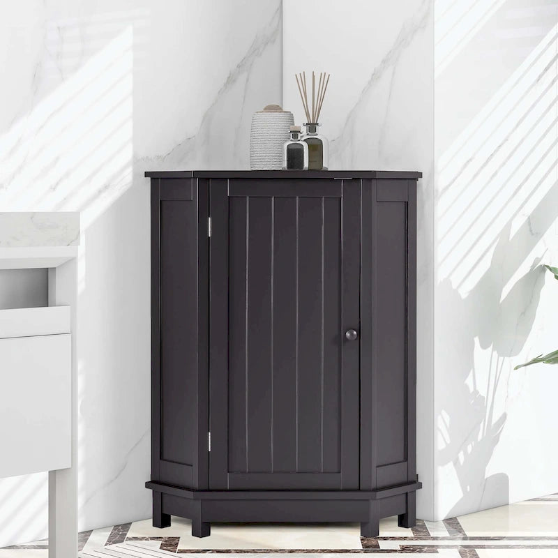 Meuble d'angle triangulaire pour salle de bain avec étagère