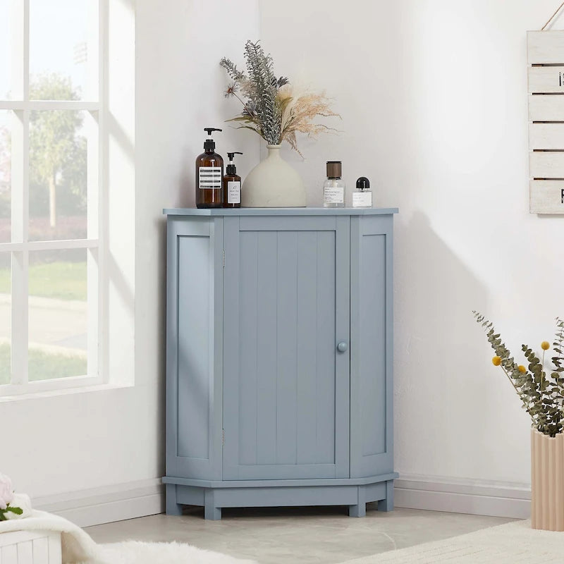 Meuble d'angle triangulaire pour salle de bain avec étagère
