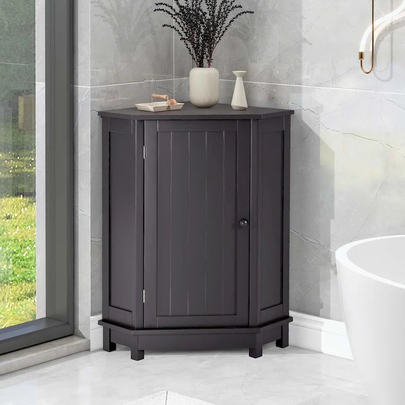 Meuble d'angle triangulaire pour salle de bain avec étagère