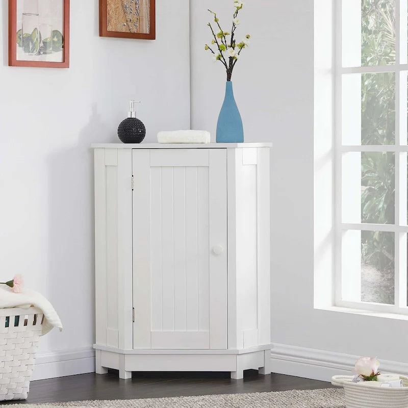 Meuble d'angle triangulaire pour salle de bain avec étagère