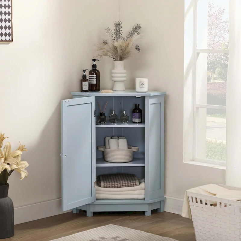 Meuble d'angle triangulaire pour salle de bain avec étagère